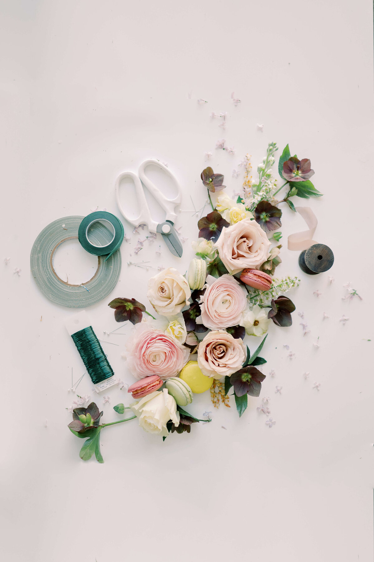 wedding florals and macaroons in blush, indigo, pale pinks