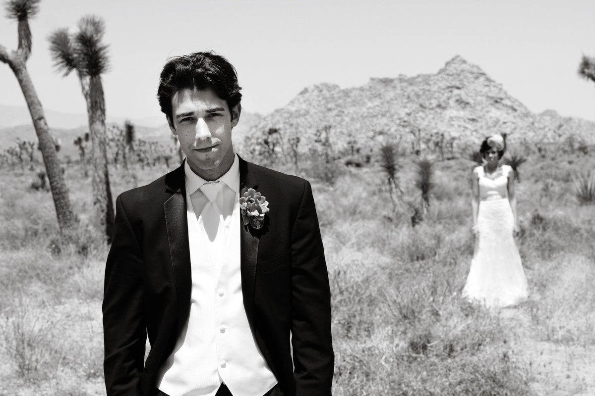 black and white bride and groom Joshua Tree