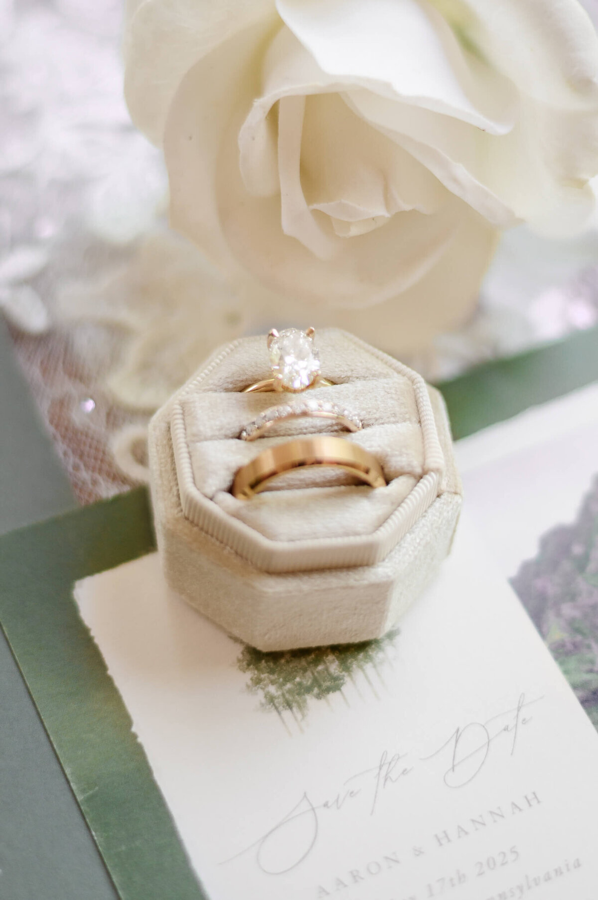 Elegant wedding detail photo of rings in velvet box with rose, by a timeless Pittsburgh wedding photographer.