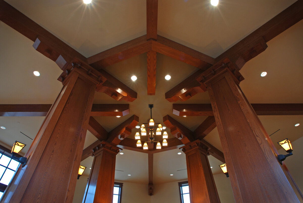 wood column detail inside the library at Schenck School