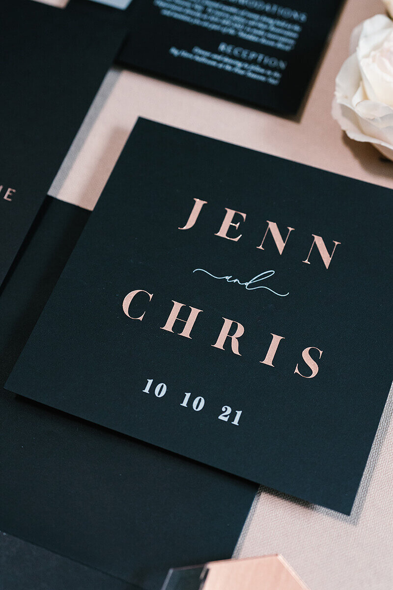 Modern Black & Rose Gold Foil Wedding Save the Date Card