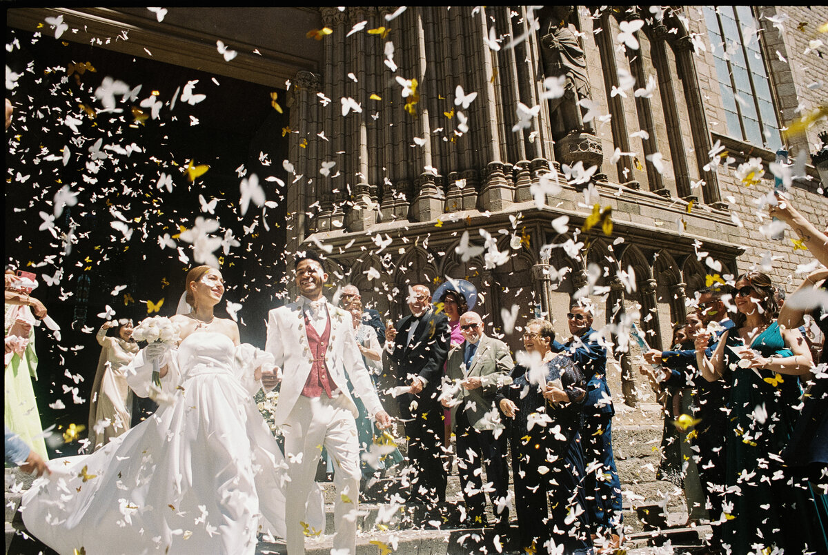 Exit from the cathedral in Barcelona, wedding in Spain.