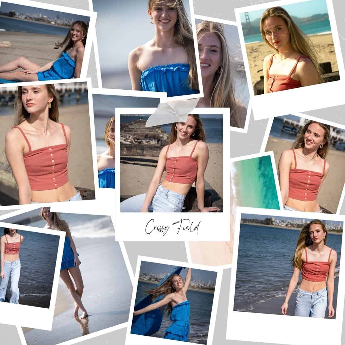 A collage of a young female model posing at the beach in various outfits as part of her modeling portfolio