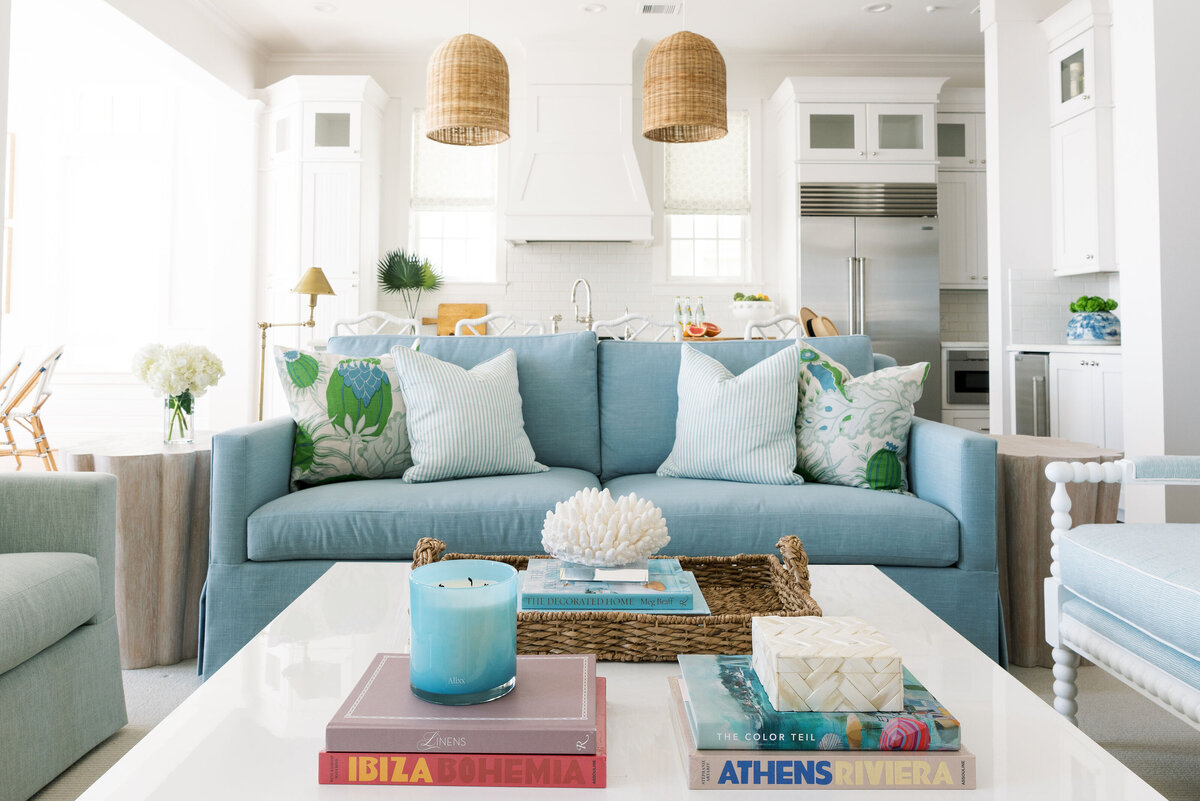 oyster creek studios galveston beach remodel blue couch and pillows