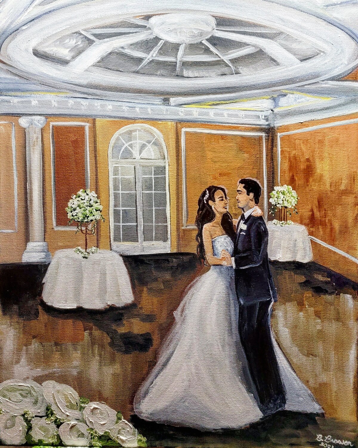 Classic luxury ballroom live wedding painting at the Muttontown Club in Long Island.  Couple in wedding attire share their first dance.