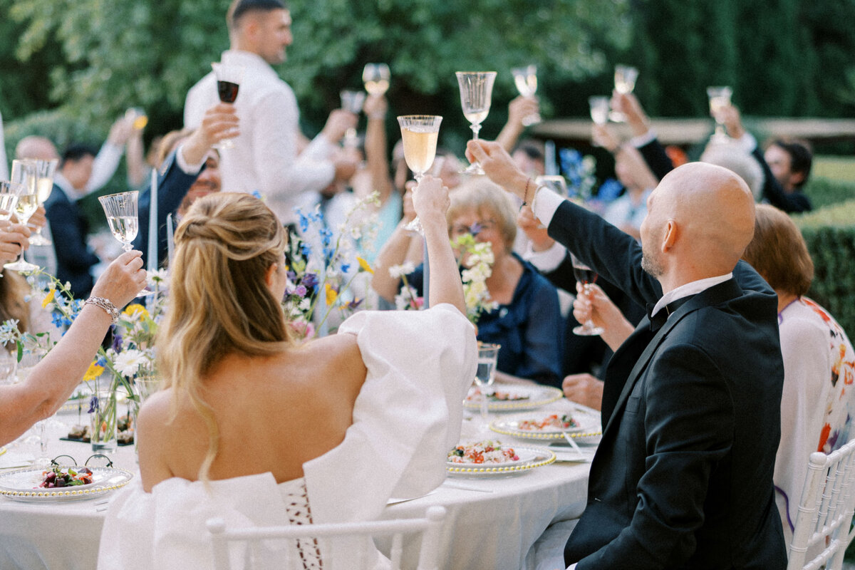 Wedding guests raising glasses during a joyful outdoor reception, photographed by a professional Toronto wedding photographer