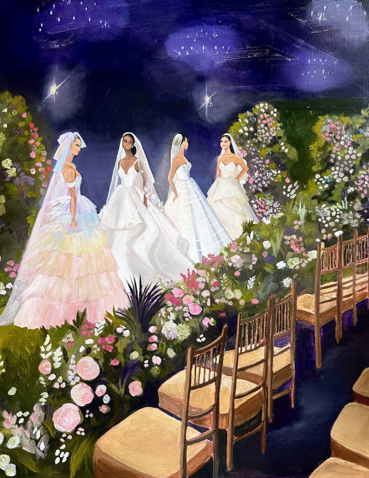 A live event painting showcasing Hayley Paige's Twice Upon a Time Runway show