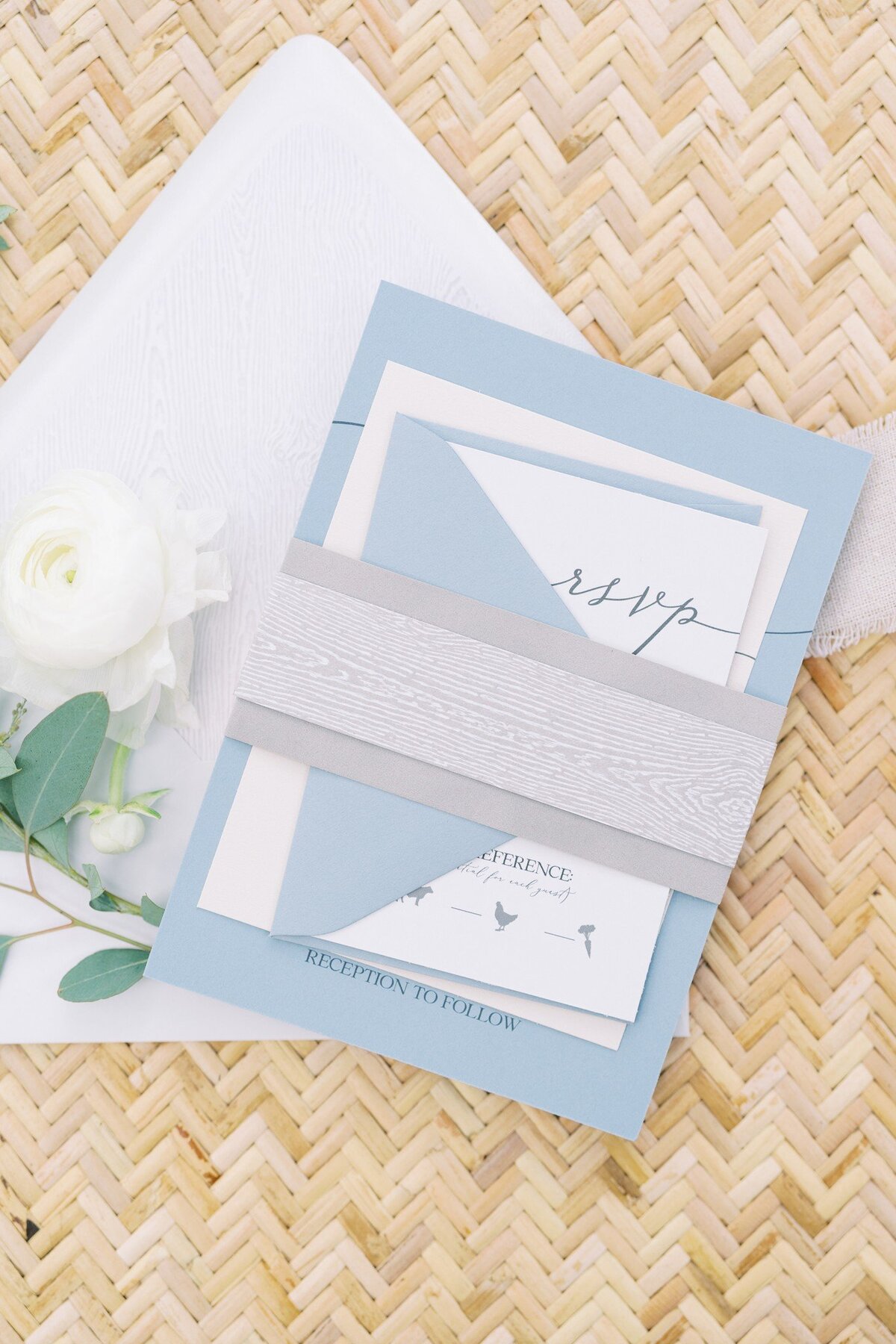 Dusty Blue Invitation Suite with Woodgrain and Velvet Belly Band
