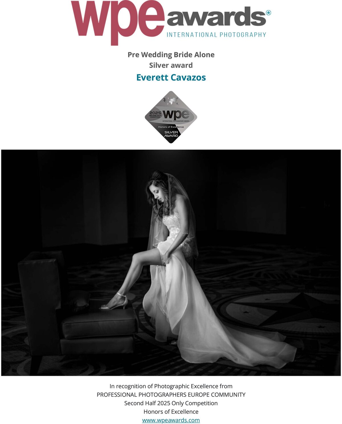WPE - International Photographers Awards - Certificate delivered to Everett Cavazos-bride-boudoir