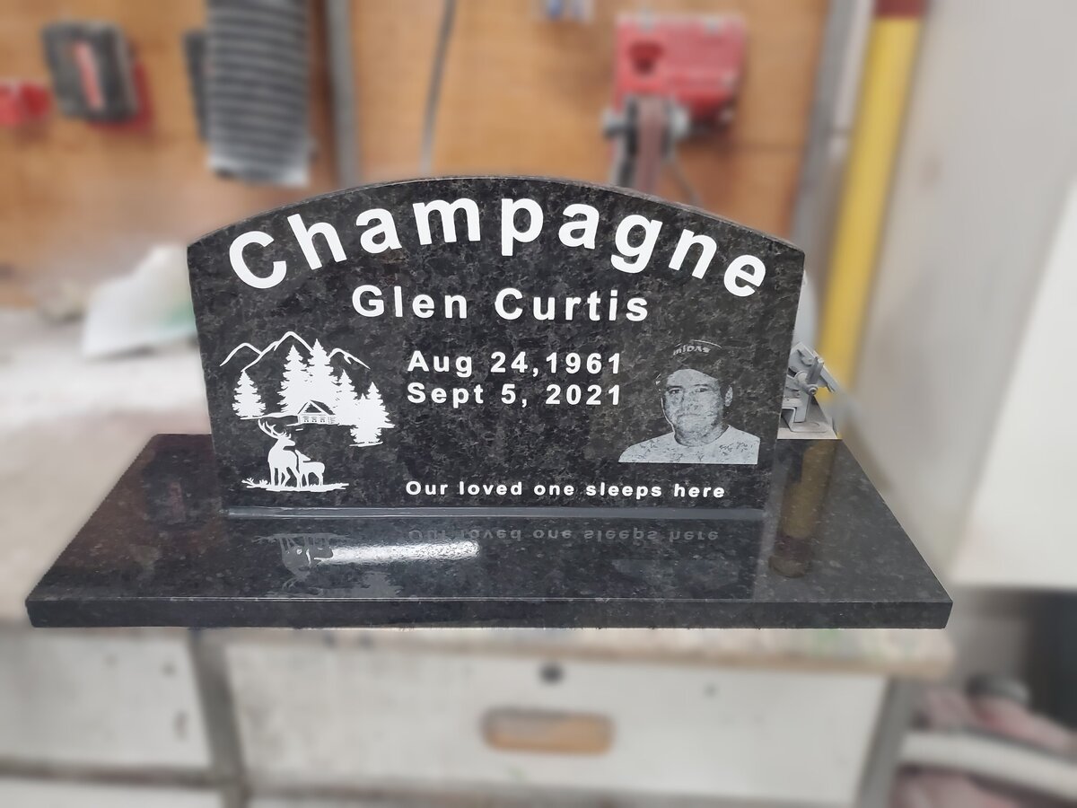 Champagne Custom Photo on Headstone Saskatoon