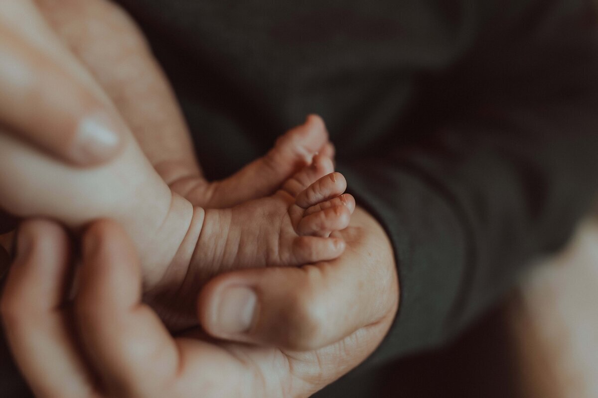 An adult hand gently cradles a baby's tiny feet, creating a sense of care and warmth.