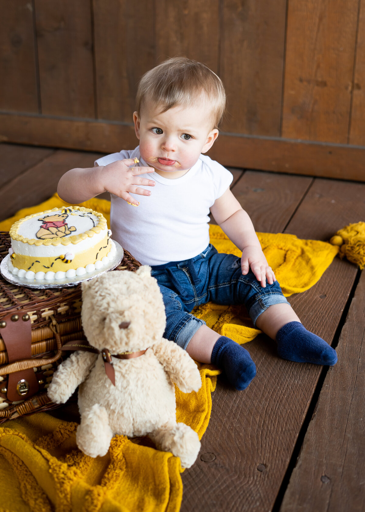 Winnie the Pooh first birthday cake smash session Cleveland