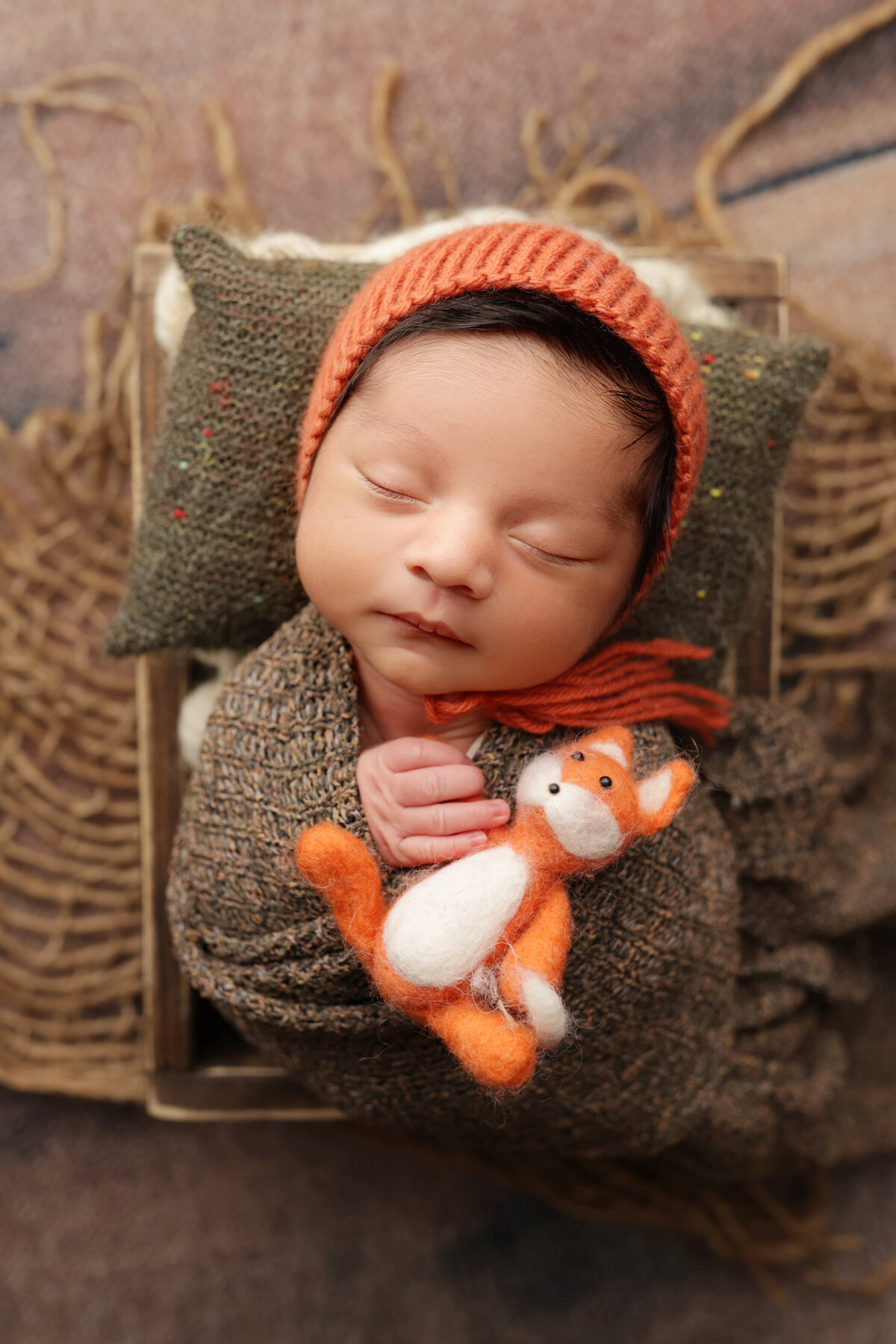 baby boy sleeping and holding a plush fox