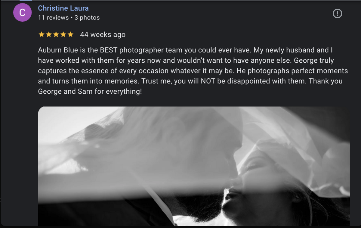 Auburn Blue Photography five-star Google review with black-and-white wedding photo of bride and groom kissing under veil in Orange County.