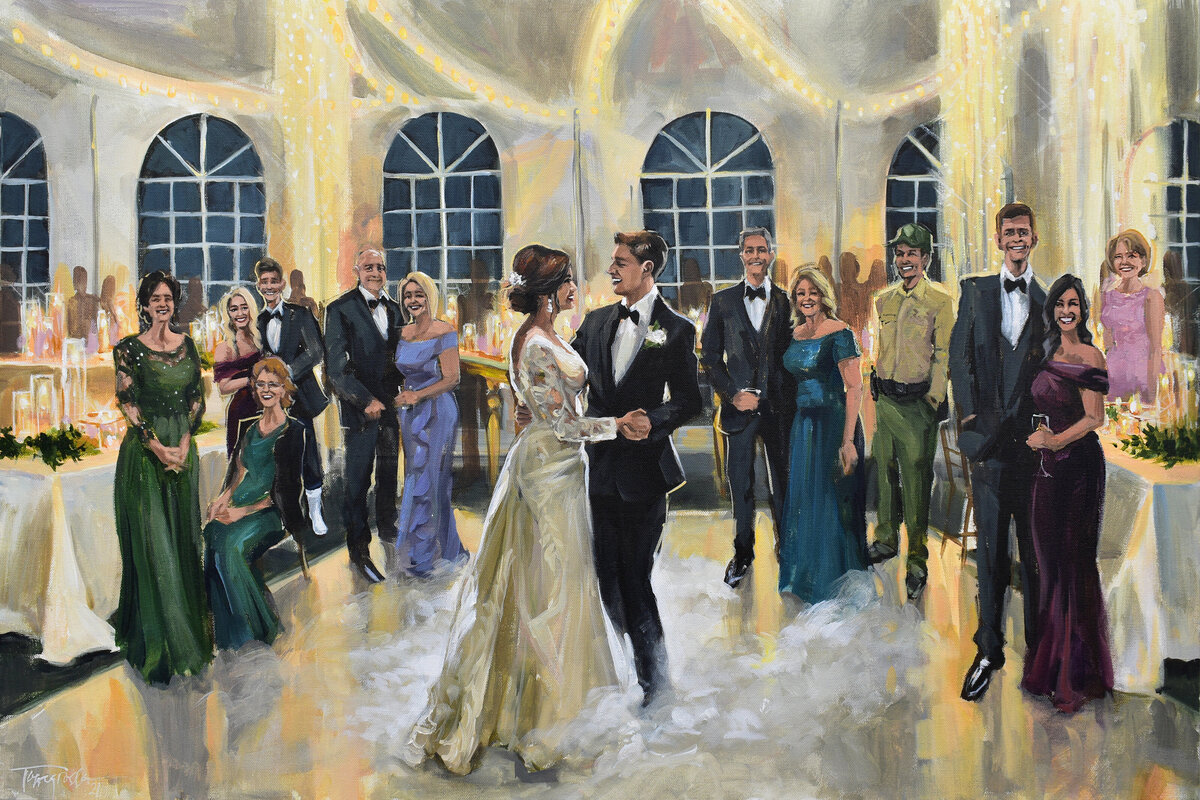 live wedding painting of reception at James Grace House wedding, Plaquemine