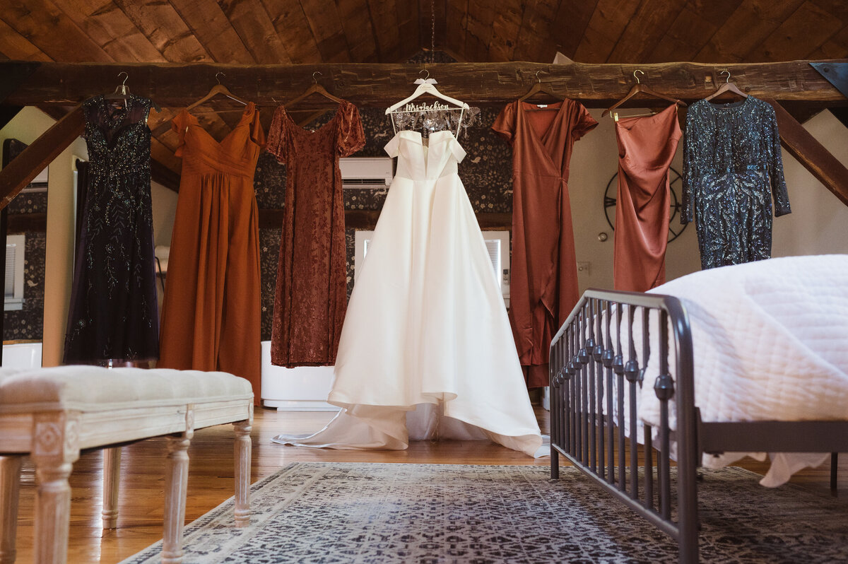 all the dresses hung up in bridal suite