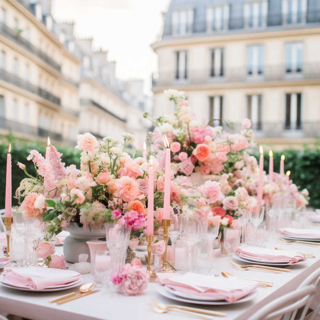 Fine art paris wedding tablescape with lush pink florals