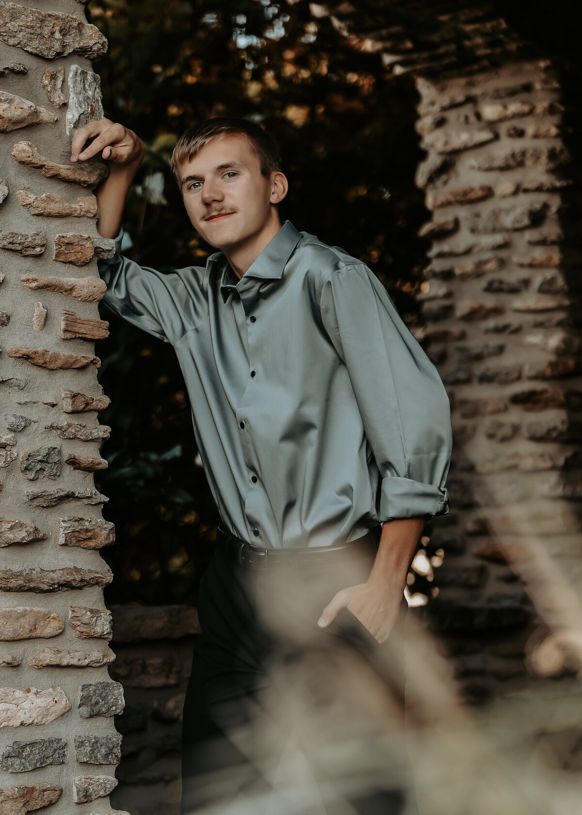 Indiana Outdoor Senior Session Sunset Stone Leaning