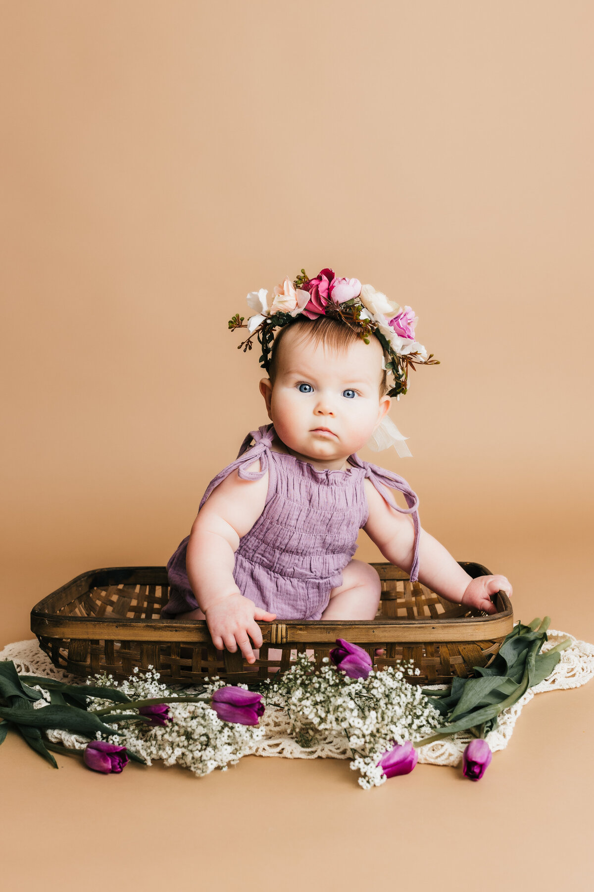 sitter session of baby girl with tulips by harrisburg pa baby photographer