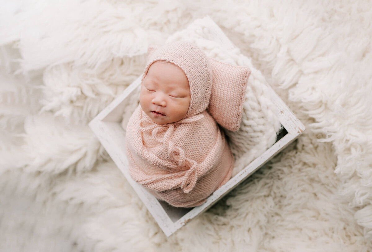 stunning portrait of a newborn girl sleeping in basket wrapped in pink wrap on white rug