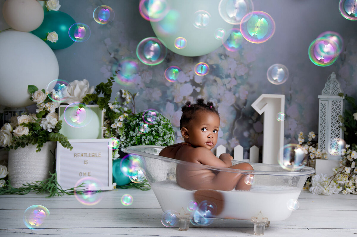 green white lots of balloons cake smash first birthday