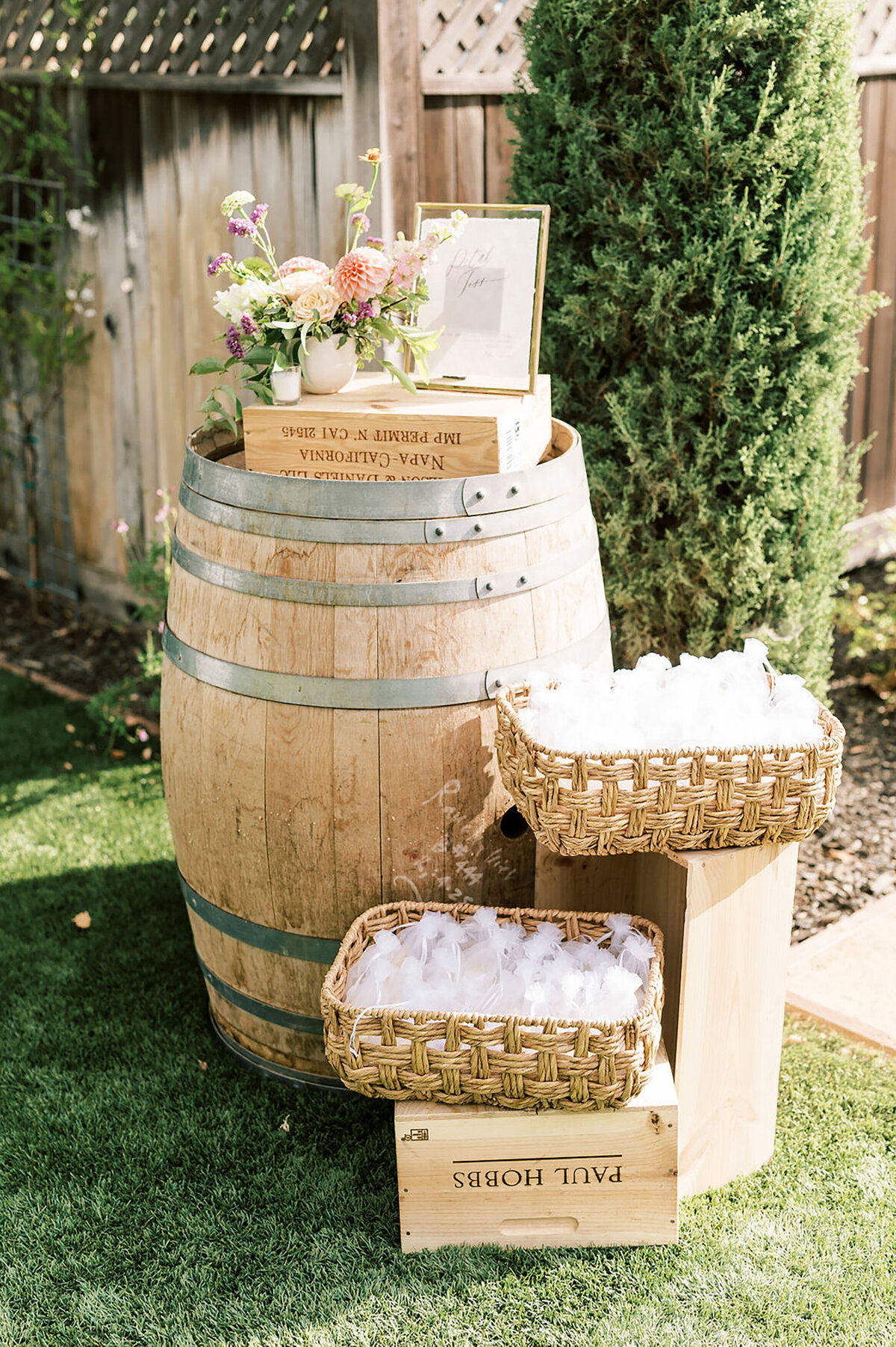 Peach Dahlia and White Cosmo Wine Display