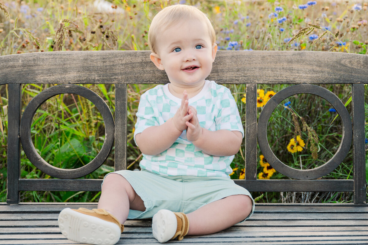 baby on bench in flower field