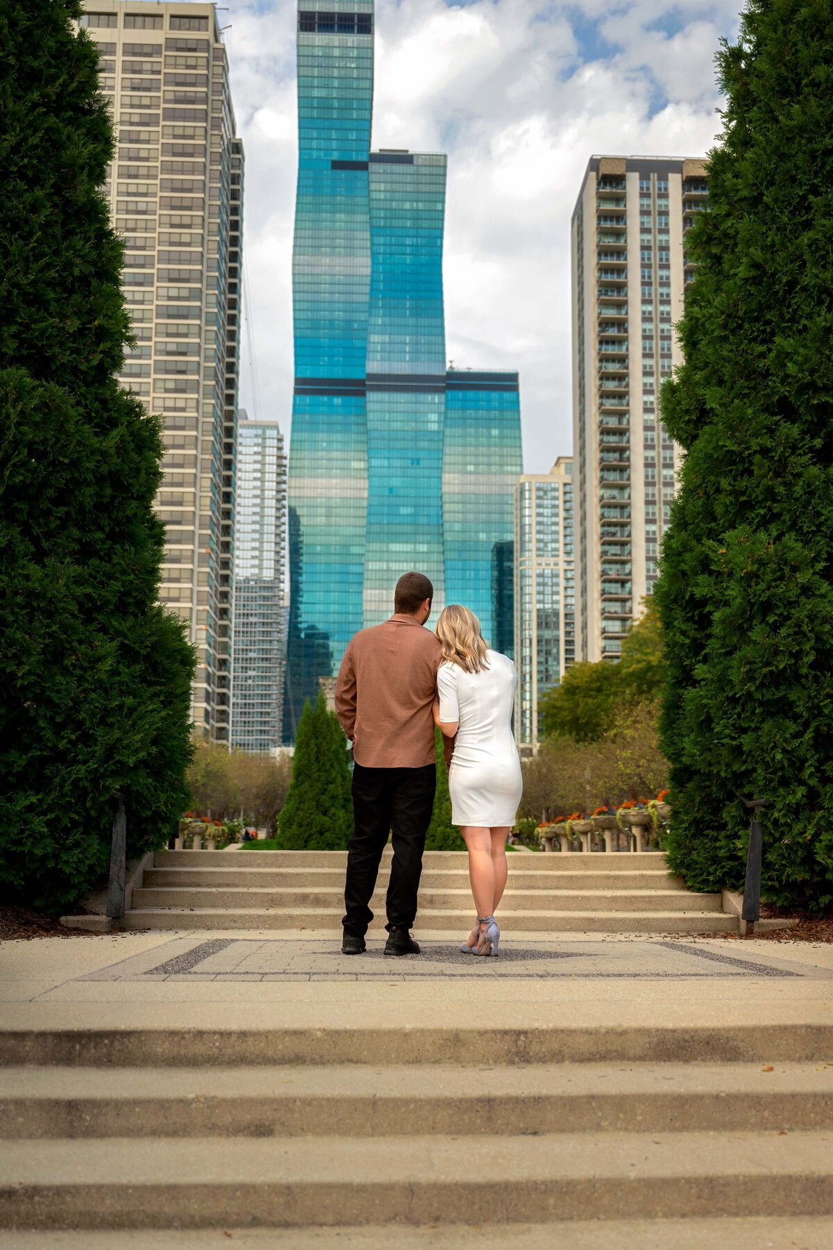 Engagement pictures in Chicago  on the stairs 