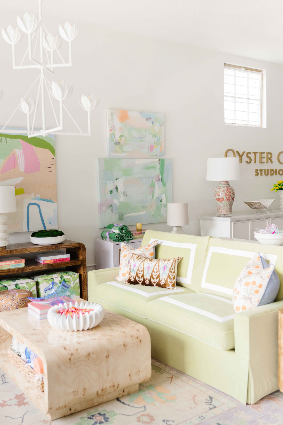 oyster creek studios office green couch