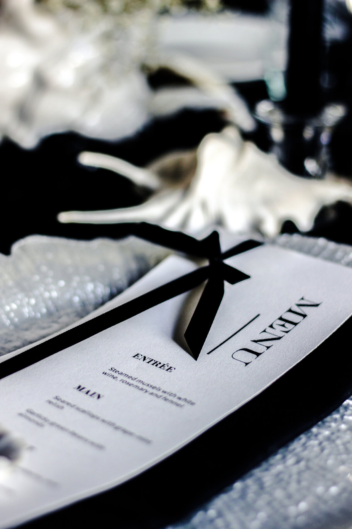 coastal menu wedding design black and white table setting