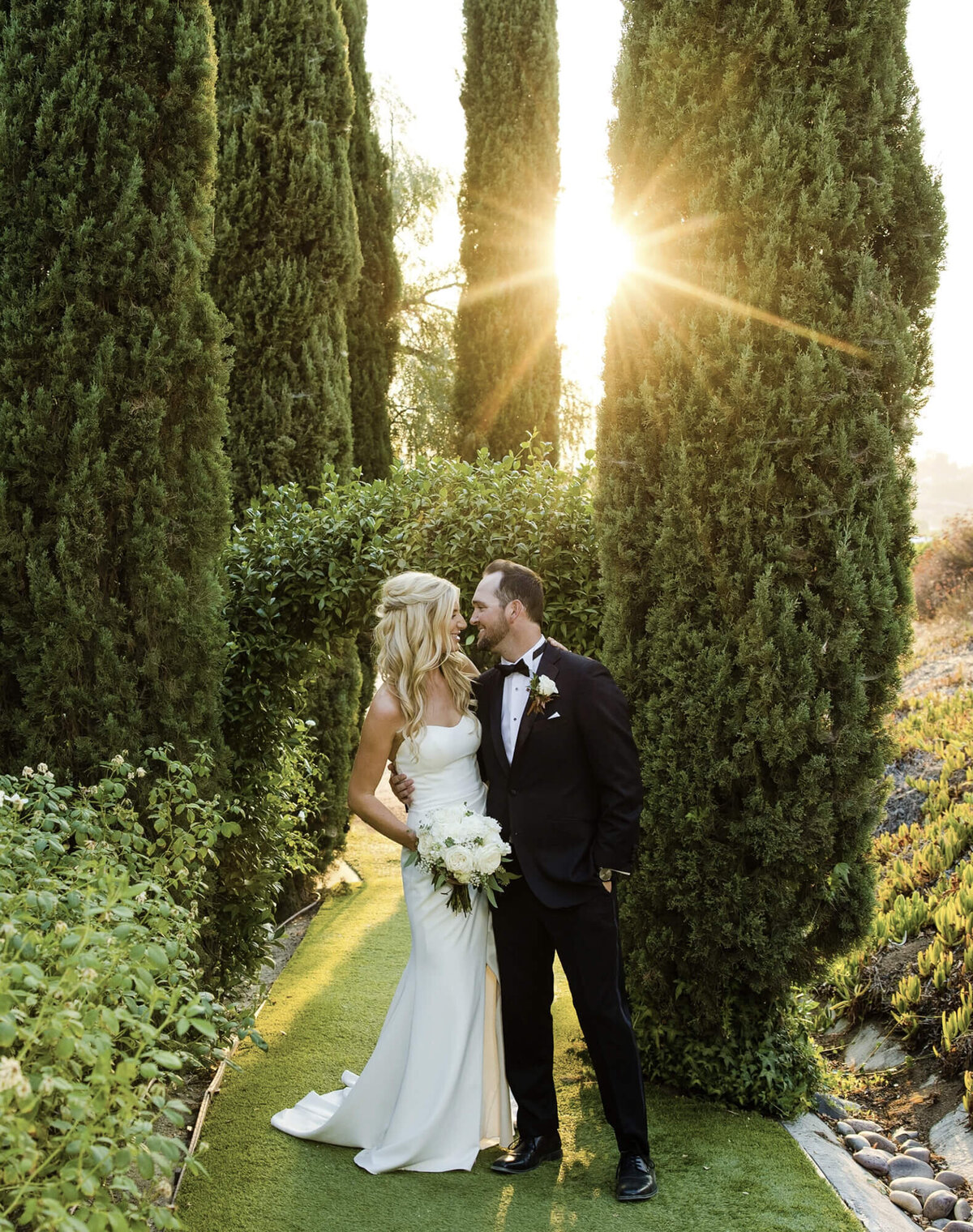 romantic-bride-groom-wedding-portrait-sunset-trees-outdoor-ceremony