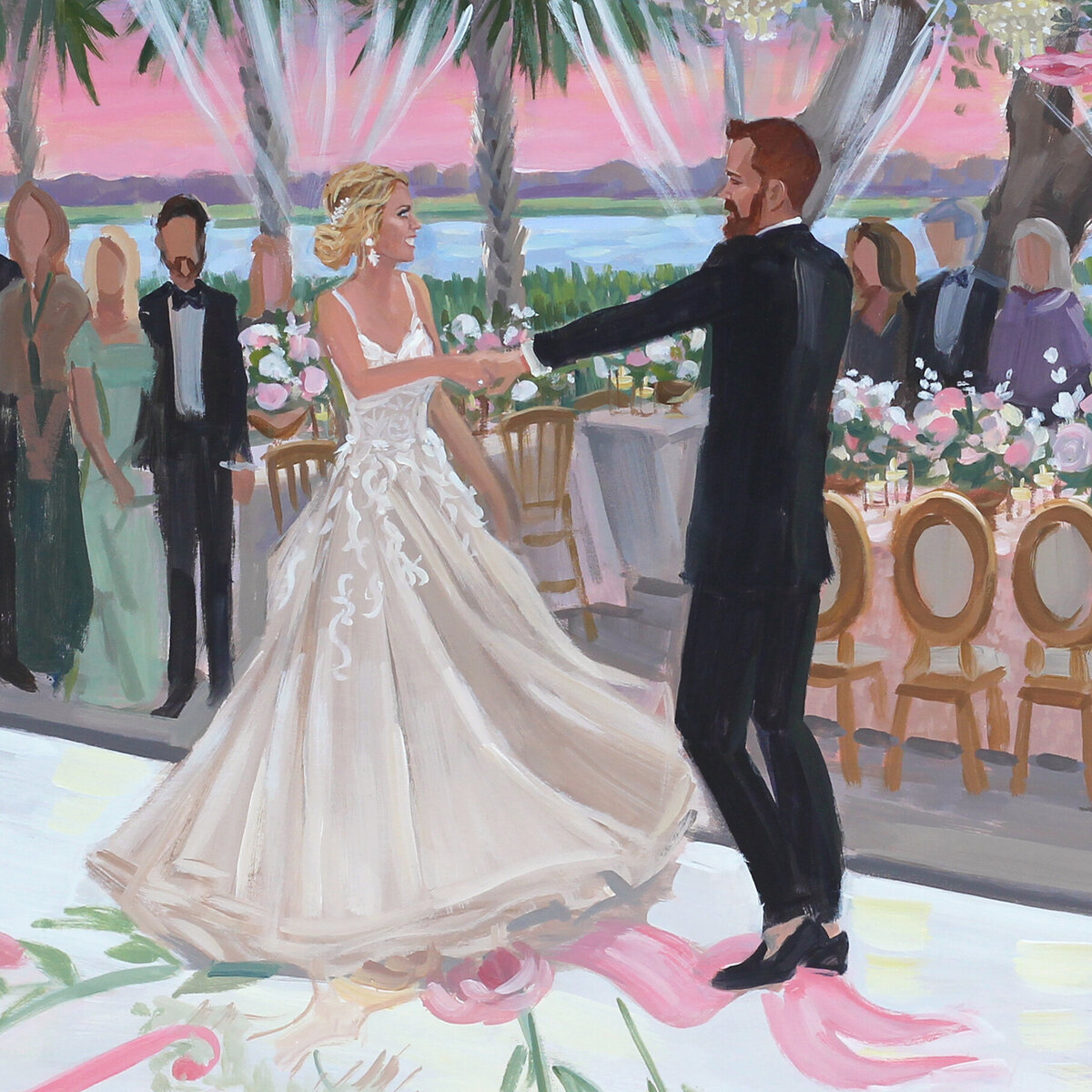 Charleston live wedding painter, Ben Keys, captures first dance at Lowndes Grove.  This close up of the painting includes the bride and groom dancing with family painted in the backdrop and a gorgeous cotton candy sunset over the marsh.