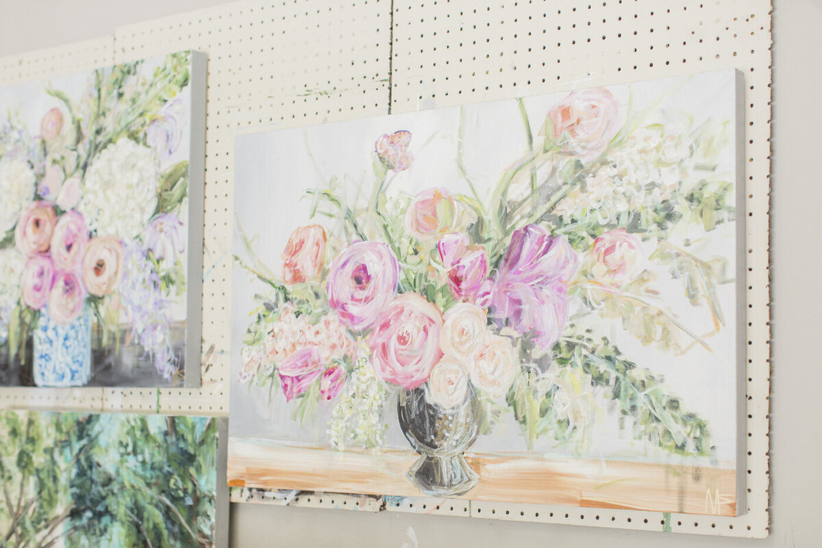 floral paintings in studio by MIriam Shufelt Art