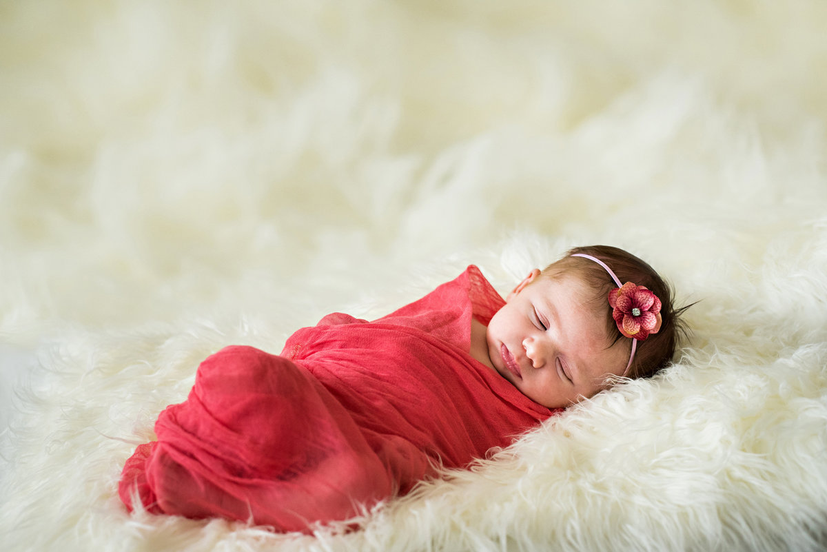 A month old baby sleeps on a fur blanket and swaddled in a red blanket.