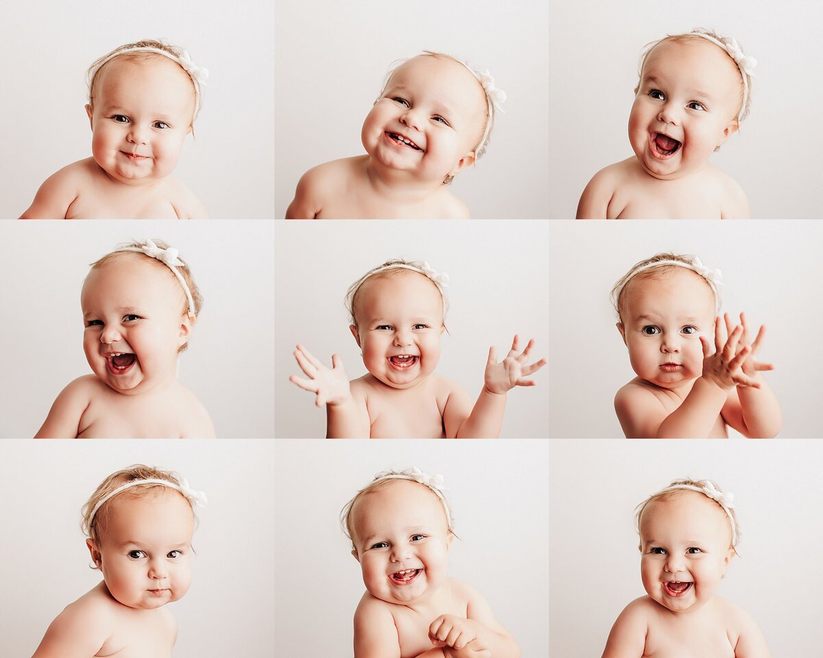 Joyful baby smiling at camera during one-year milestone session