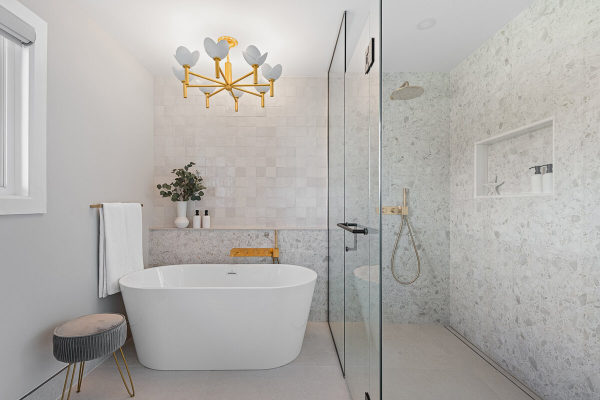 final image of our botanical luxe ensuite bathroom design project