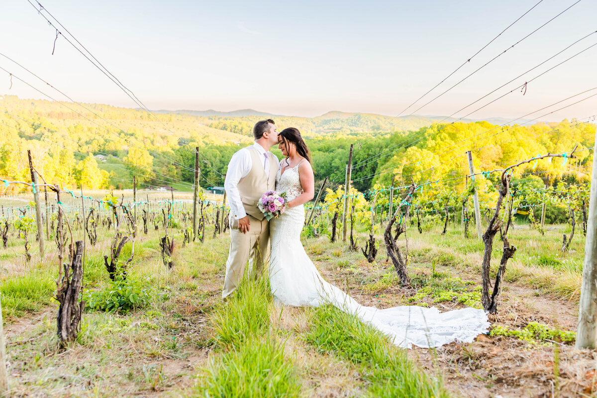 bride and groom standing in vineyard with mountain views with groom kissing her on head