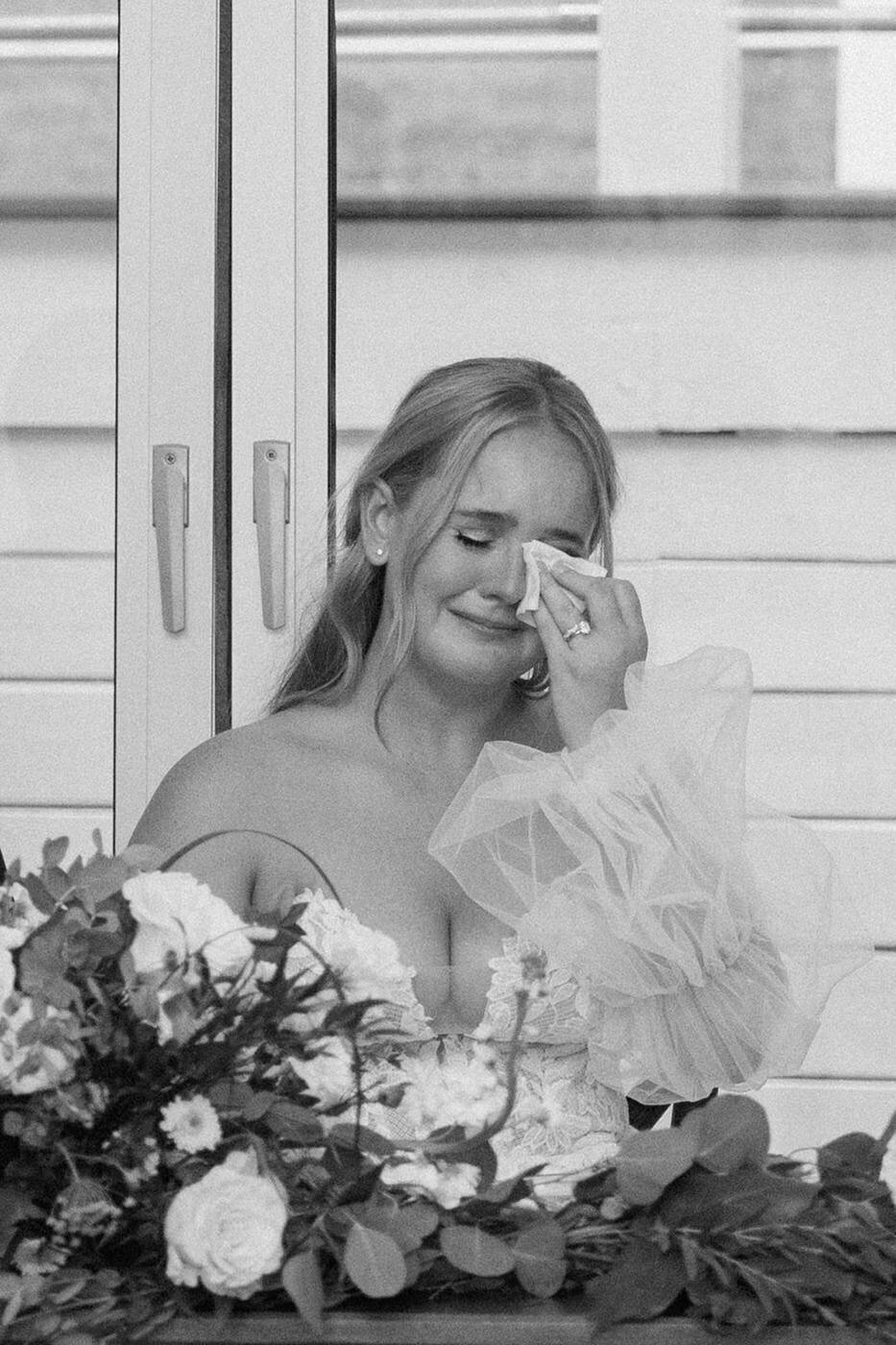bride crying during toasts at wedding at firefly lane in tennessee