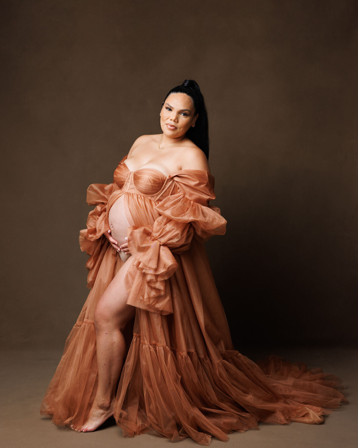 bronze couture maternity dress