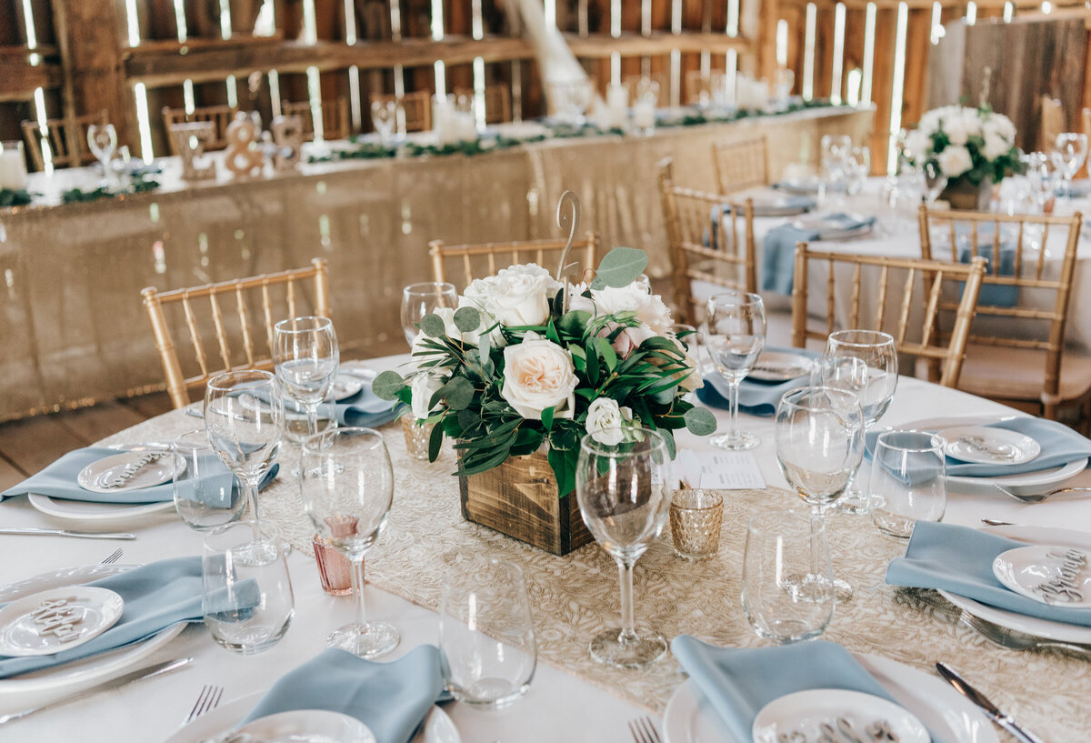 Elegant blue and gold themed wedding dinner at Willow Creek Barn photographed by Nova Markina