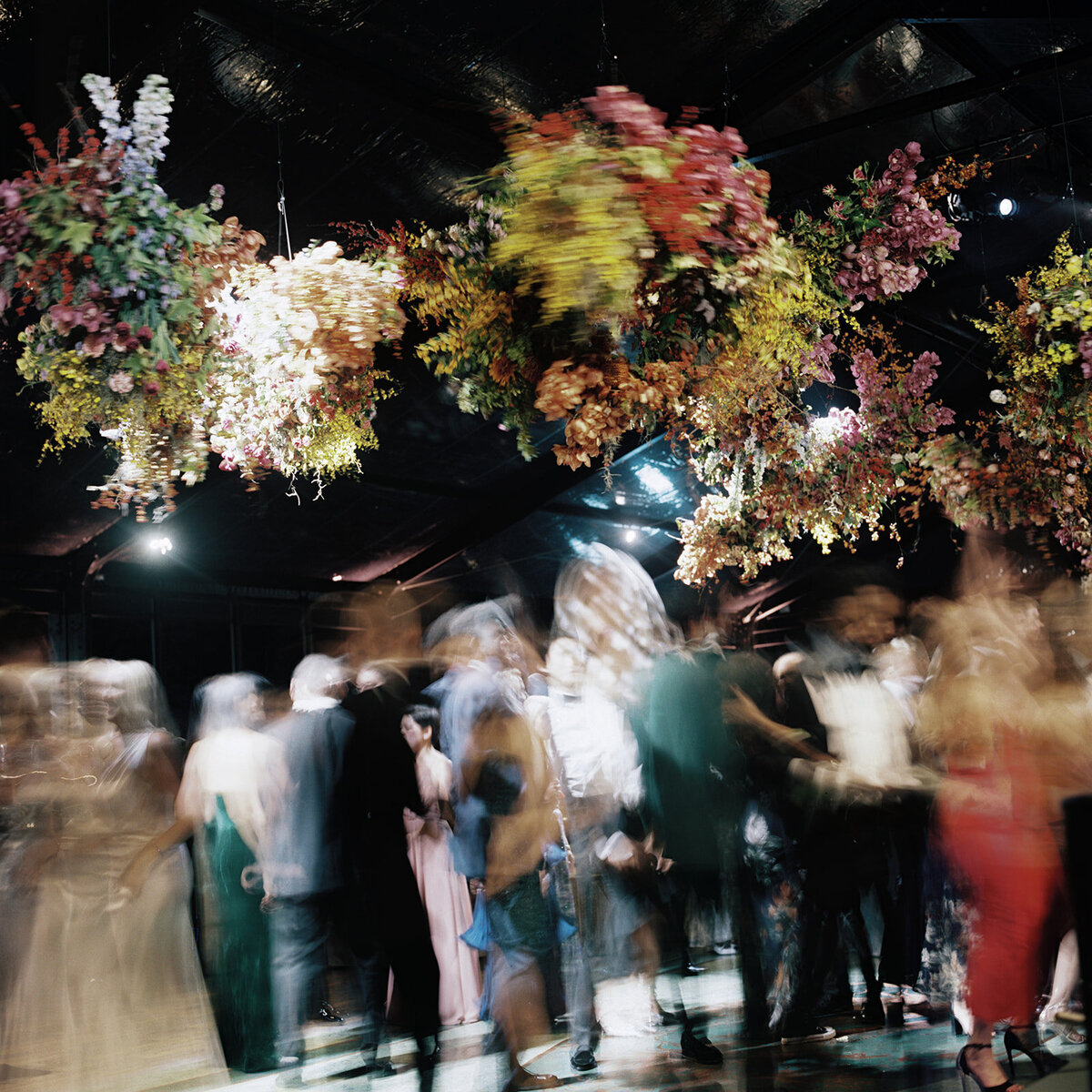 Interacting and sculptural floral clouds hang over the dance floor and bars of this fall wedding reception in Tennessee. Clear top tent build out for fall wedding reception in Tennessee hills.  Product clustered floral clouds in a tasteful fall color palette of copper, ruby, gold, burgundy, rust, and lavender. Orchids, bittersweet berries, butterfly ranunculus, and tulips are highlighted. Unique floral design with flower forward large scale installations. Design by Rosemary & Finch Floral Design in Nashville, TN.
