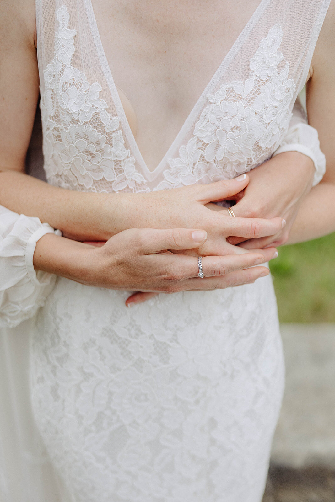 close up of brides hands at Cornell University wedding