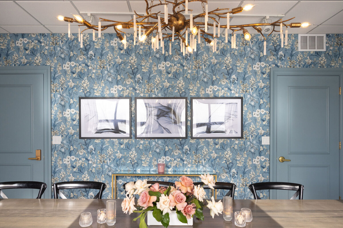 Something Blue themed room for clients to use at Bloom Events, detailed floral wallpaper with long conference table amenity available