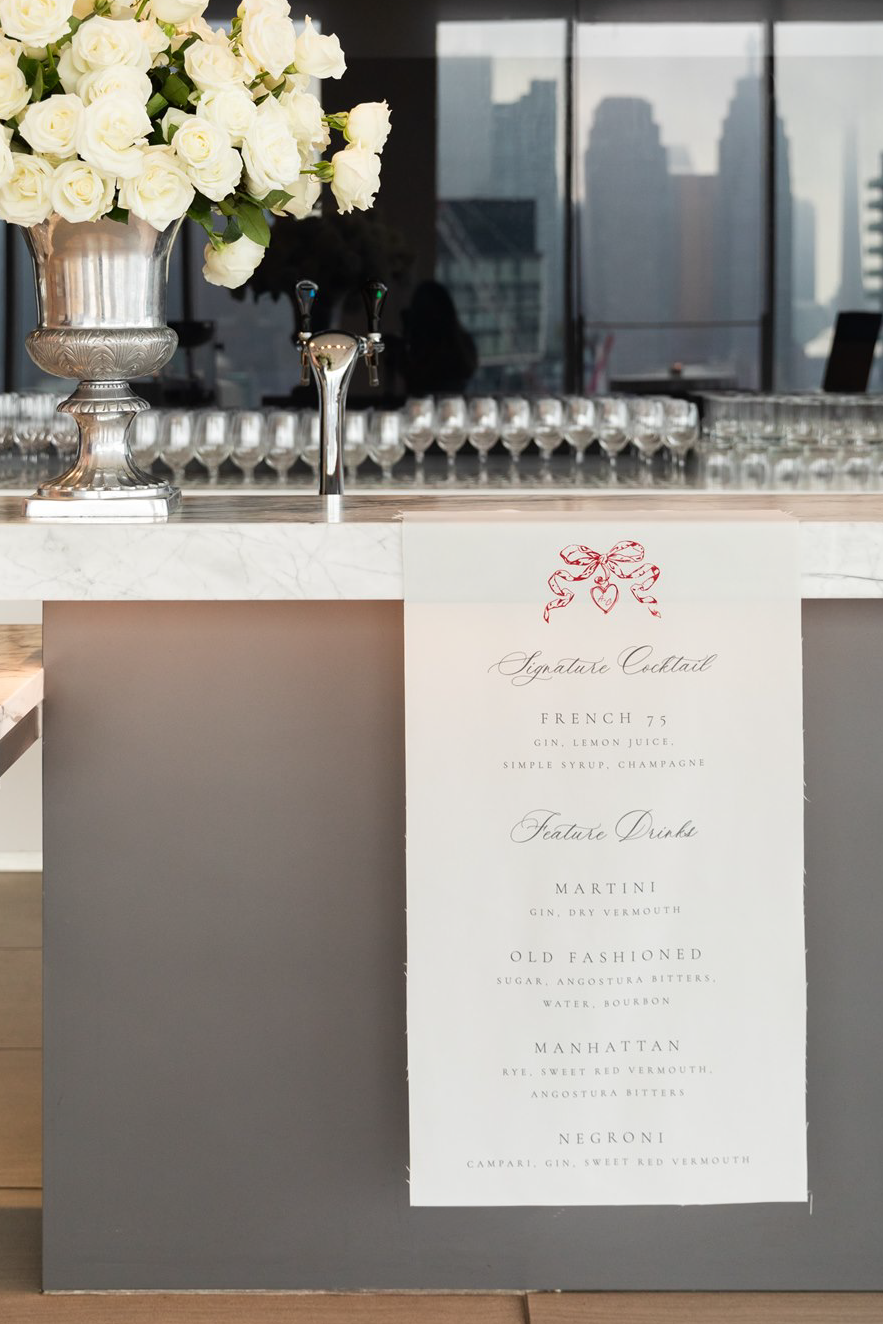 Fabric bar sign with hand illustrated bow, modern typography and script accents