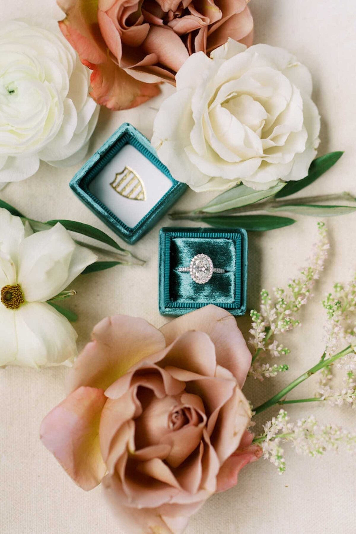 Engagement ring styled with floral accents for a luxury Chicago outdoor garden wedding..