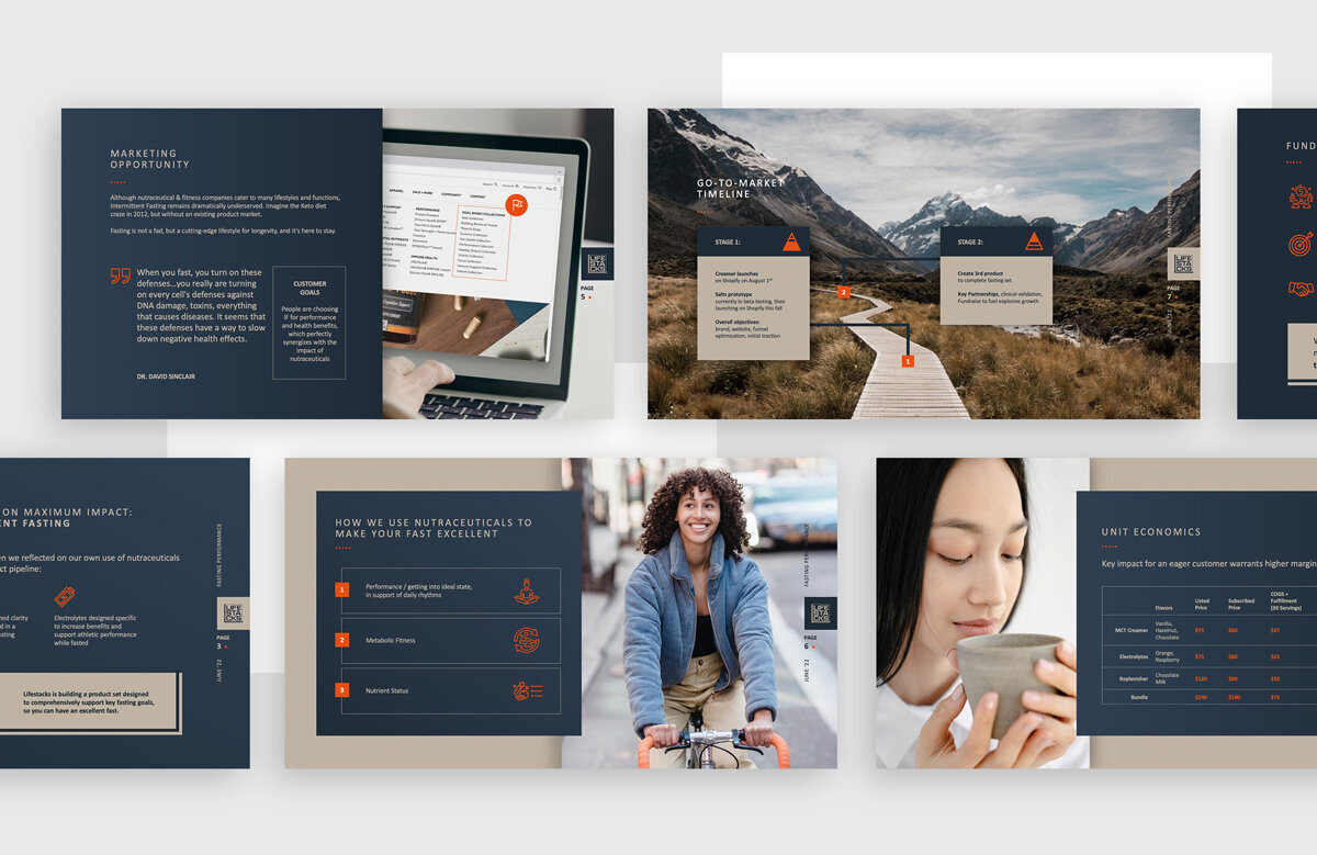 pitch deck portfolio sample showing 5 varying layouts designed for a pitch deck using dark blue, bright orange and stock imagery