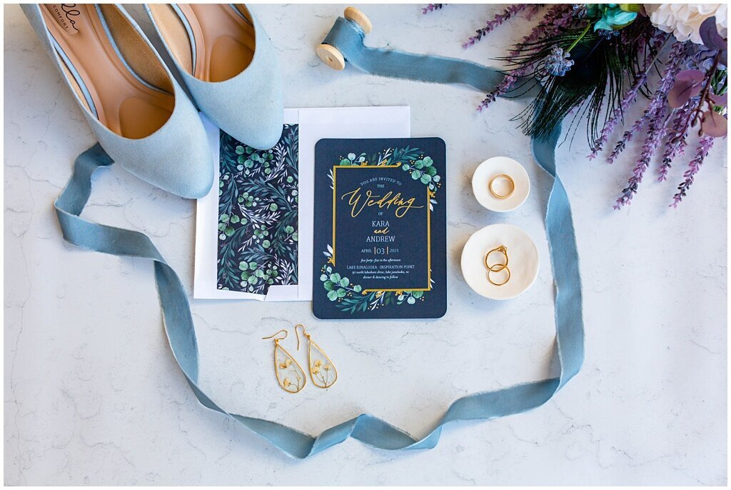 blue and purple invitation suite with blue wedding shoes and gold jewelry details – Asheville NC Wedding Photographer | Tracy Waldrop