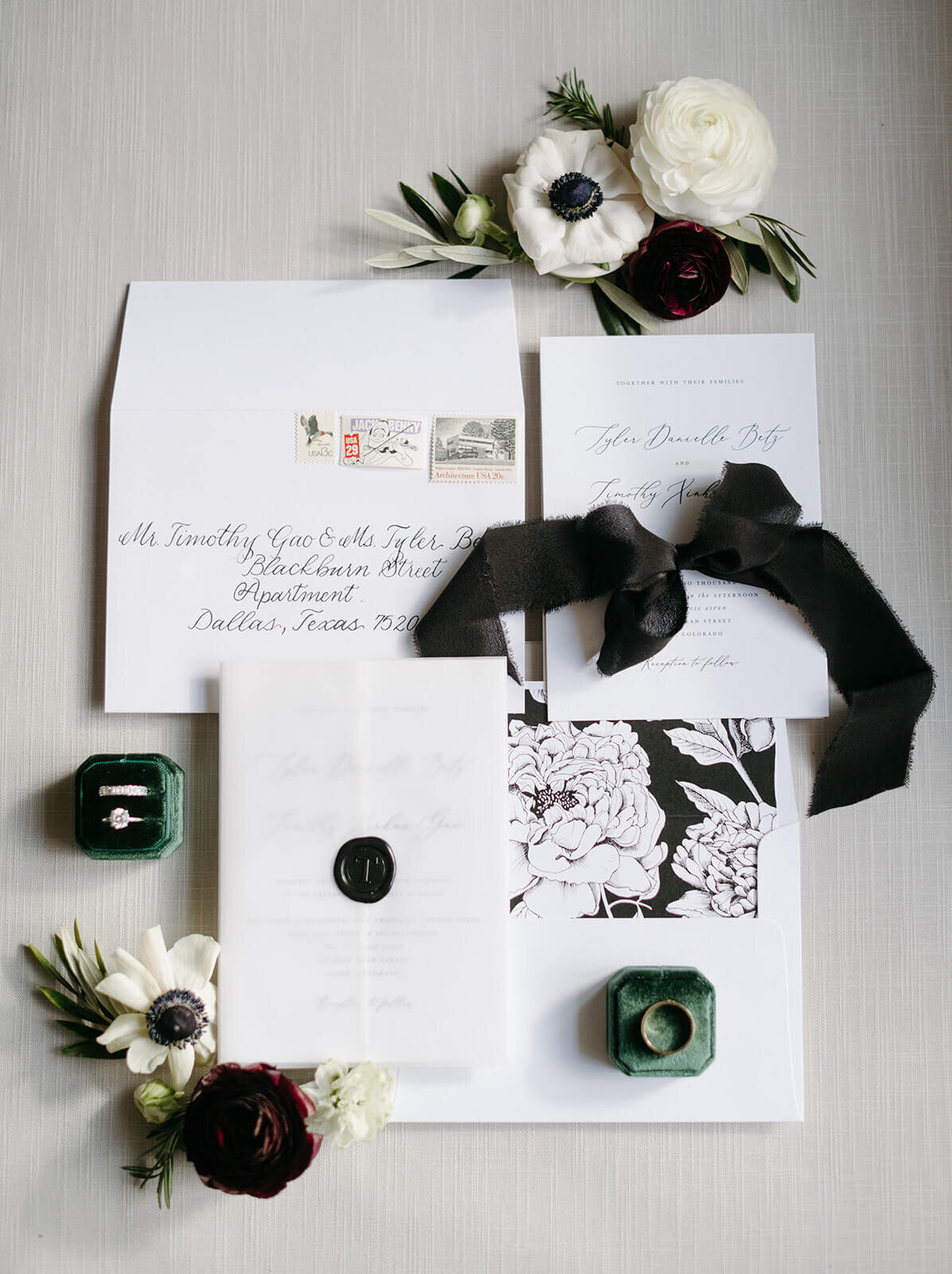 black and white wedding stationery flatlay