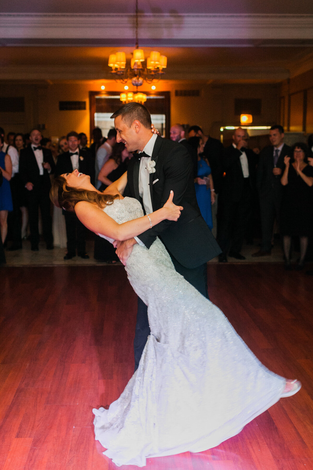 A happy moment during a first dance at a wedding reception in Chicago