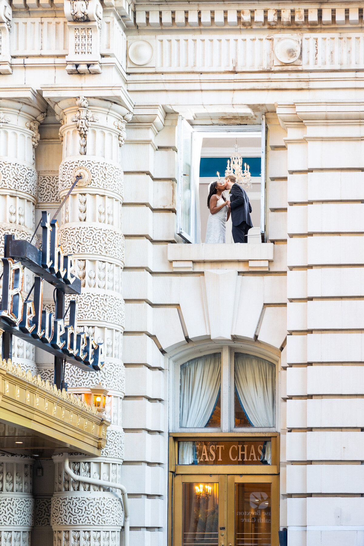 Famous wedding window of couple kissing at the belvedere 